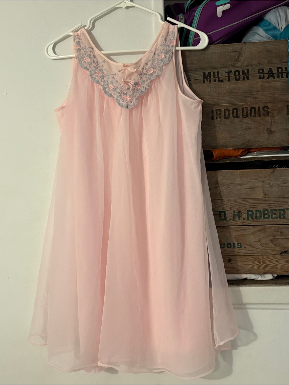 Vintage Gotham 50s/60s Soft Pink Chiffon Nightgown with Lace Yoke Size Medium